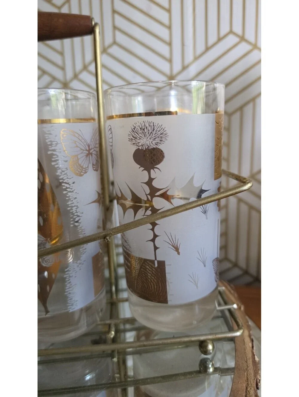 Vintage Midcentury Cutler Golden Meadow Butterfly Set of 8 Glasses With Caddy